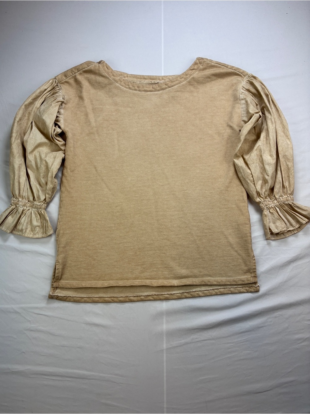 Pilcro Mixed-Media Tan Pullover from Anthropologie. Puffy Sleeves Sz M